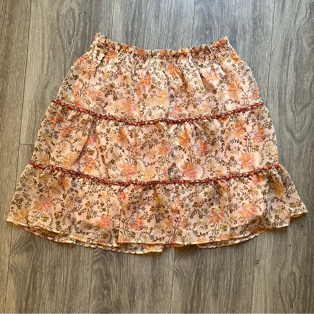 Lauren Conrad skirt tiered floral shirred elastic waist peach pink green L